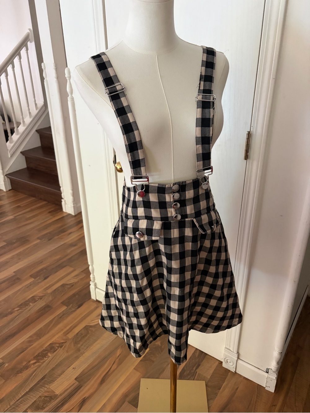 Hot Topic Black Cream Plaid Suspender Mini Dress, Pockets, Big Bow on Back, S/M